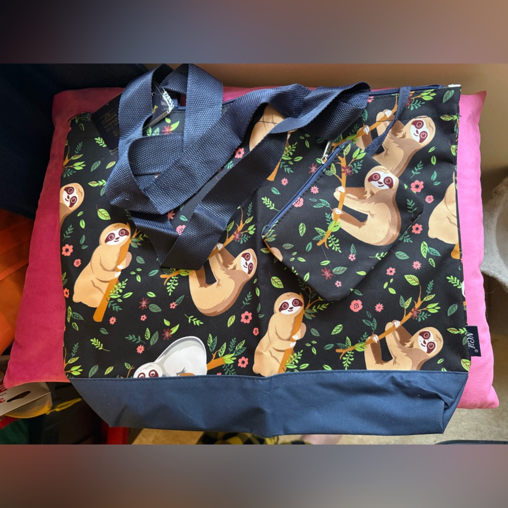 Sloth Print Tote Bag - Black and Tan